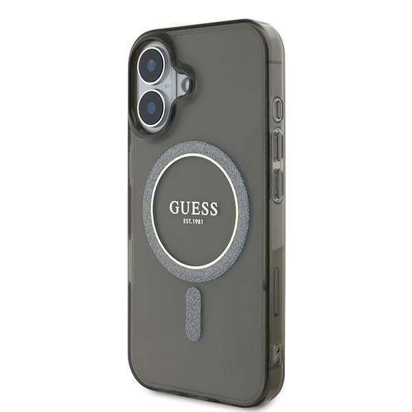 Guess MagSafe dėklas iPhone 16 – juodas, IML Glitter Circle