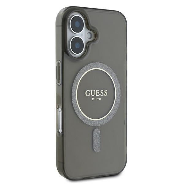 Guess MagSafe dėklas iPhone 16 – juodas, IML Glitter Circle
