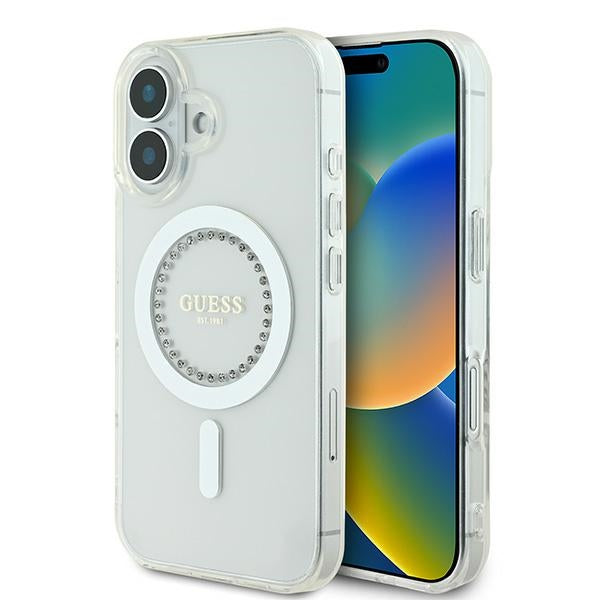 Guess MagSafe dėklas iPhone 16 – baltas, su cirkoniais