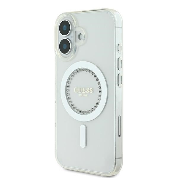 Guess MagSafe dėklas iPhone 16 – baltas, su cirkoniais