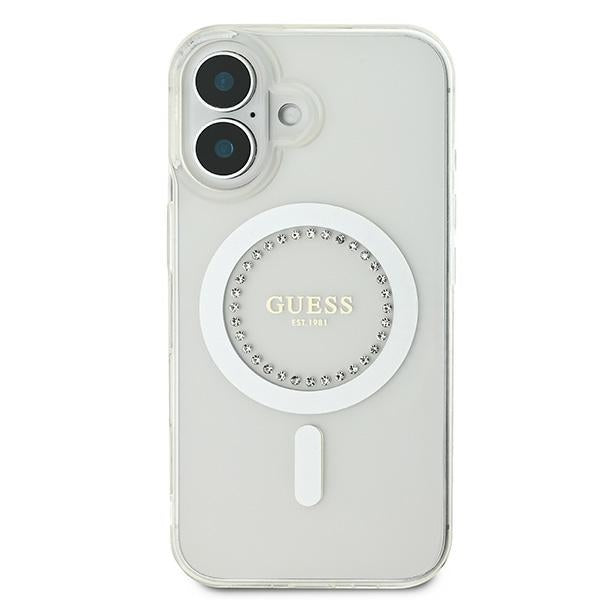 Guess MagSafe dėklas iPhone 16 – baltas, su cirkoniais