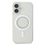 Guess MagSafe dėklas iPhone 16 – baltas, su cirkoniais