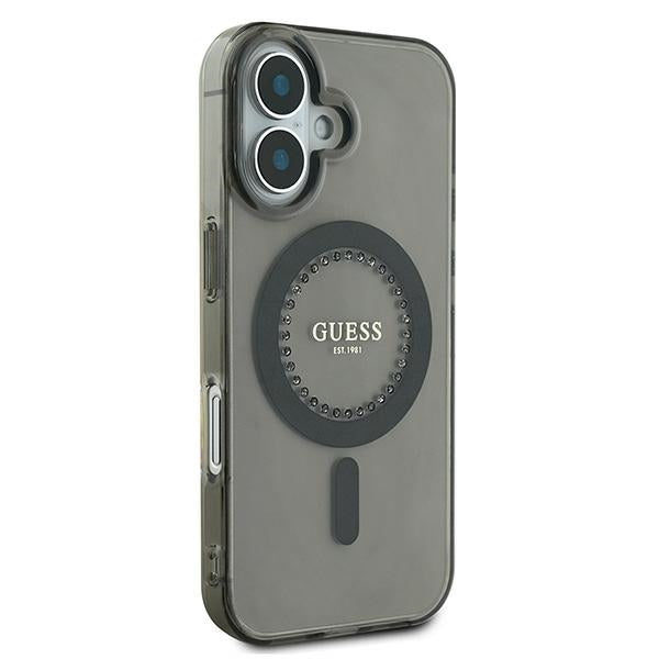 Guess MagSafe dėklas iPhone 16 – juodas su cyrkoniais
