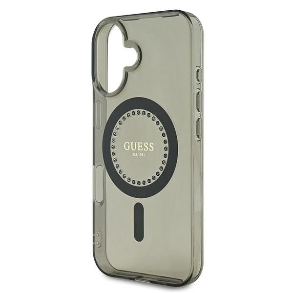 Guess MagSafe dėklas iPhone 16 – juodas su cyrkoniais
