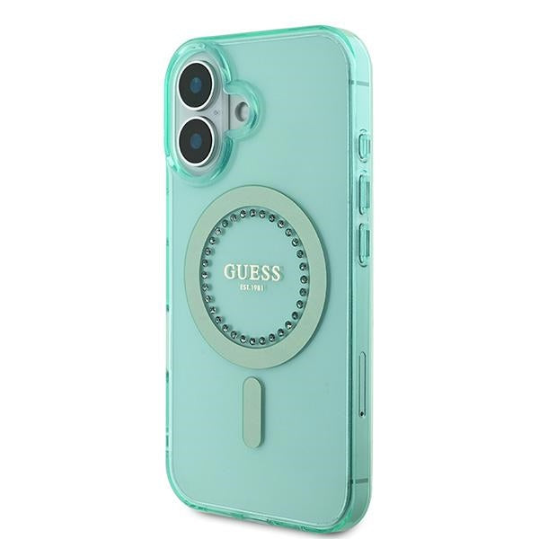 Guess MagSafe dėklas iPhone 16 – žalias, su cirkoniais