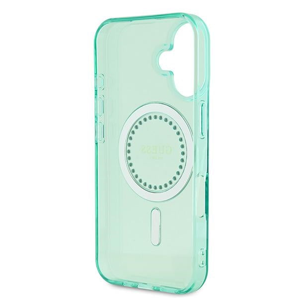 Guess MagSafe dėklas iPhone 16 – žalias, su cirkoniais