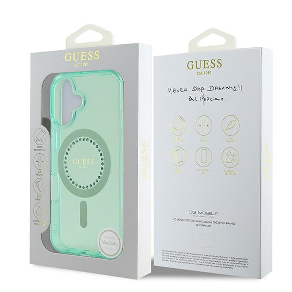 Guess MagSafe dėklas iPhone 16 – žalias, su cirkoniais
