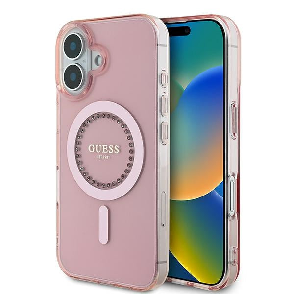Guess MagSafe dėklas iPhone 16 – rožinis, su cirkoniais