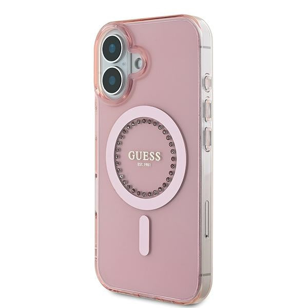 Guess MagSafe dėklas iPhone 16 – rožinis, su cirkoniais