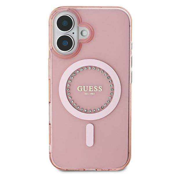 Guess MagSafe dėklas iPhone 16 – rožinis, su cirkoniais