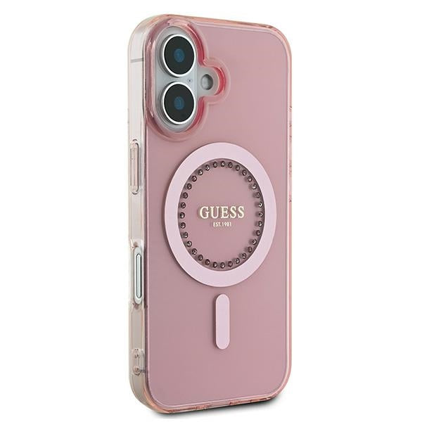 Guess MagSafe dėklas iPhone 16 – rožinis, su cirkoniais