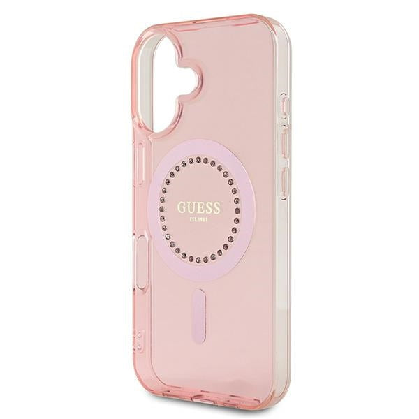 Guess MagSafe dėklas iPhone 16 – rožinis, su cirkoniais