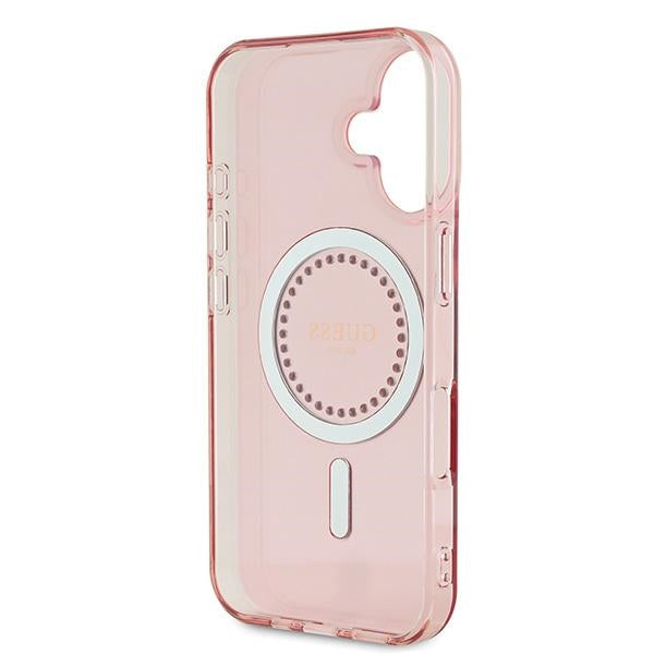 Guess MagSafe dėklas iPhone 16 – rožinis, su cirkoniais