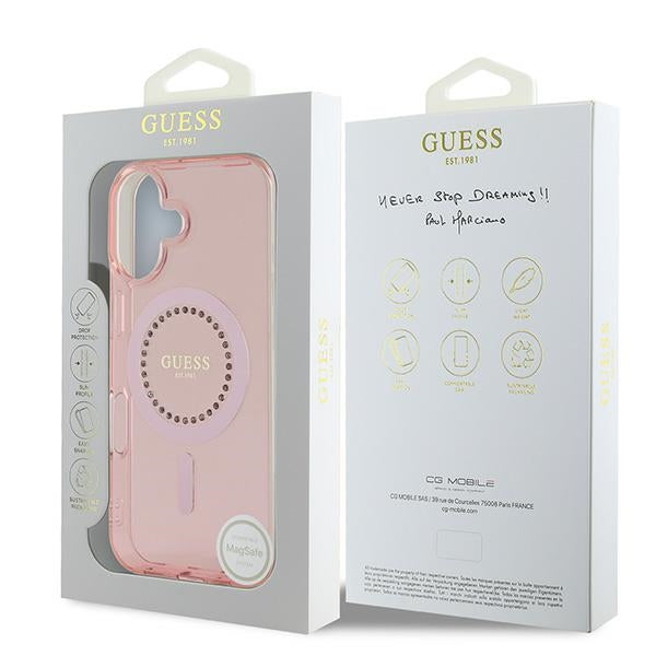 Guess MagSafe dėklas iPhone 16 – rožinis, su cirkoniais