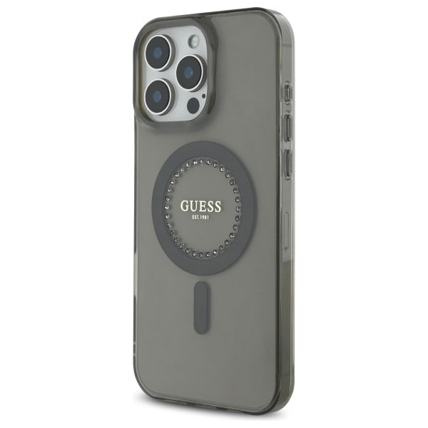 Guess MagSafe dėklas iPhone 16 Pro Max – juodas, su cyrkoniais