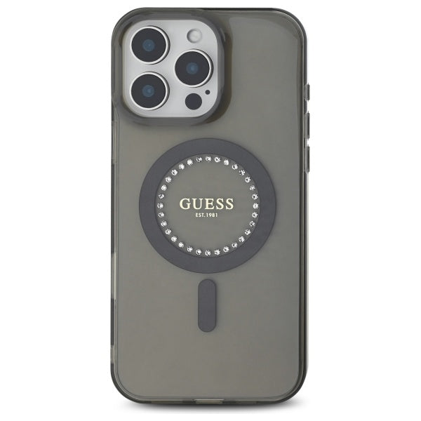 Guess MagSafe dėklas iPhone 16 Pro Max – juodas, su cyrkoniais