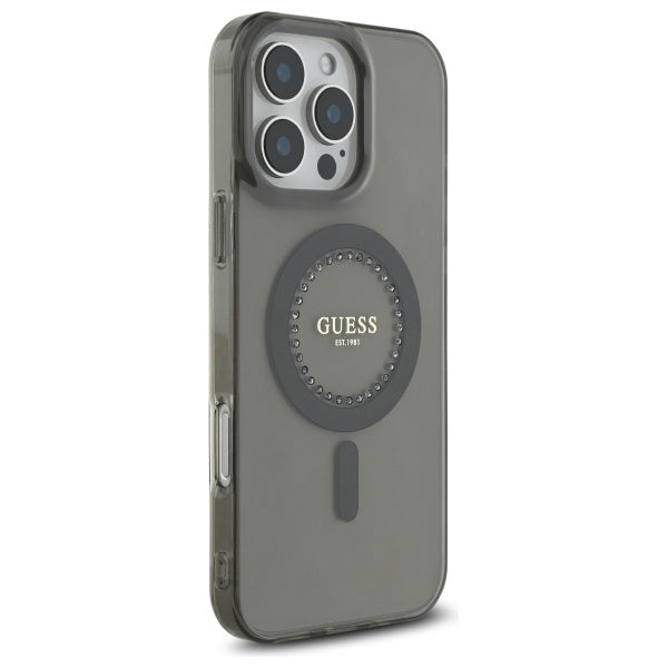 Guess MagSafe dėklas iPhone 16 Pro Max – juodas, su cyrkoniais