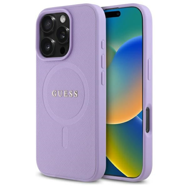 Guess Saffiano MagSafe dėklas iPhone 16 Pro Max – violetinis