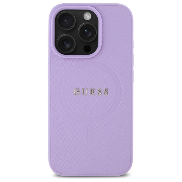 Guess Saffiano MagSafe dėklas iPhone 16 Pro Max – violetinis