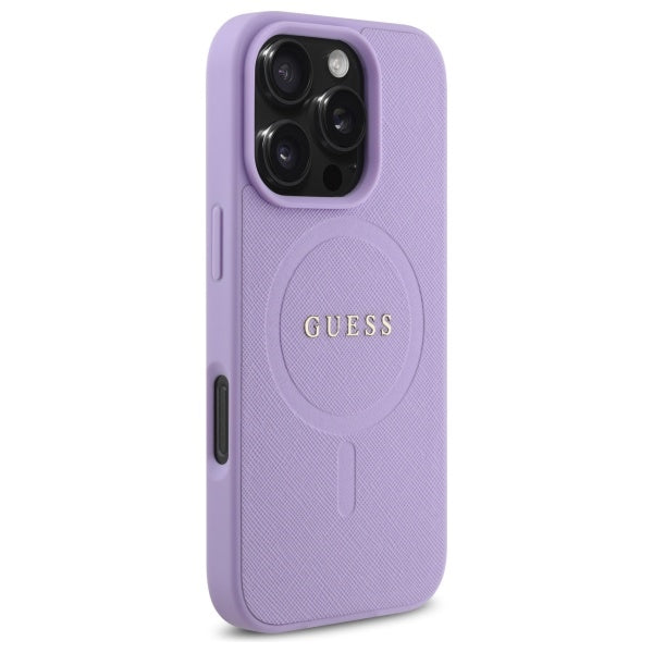Guess Saffiano MagSafe dėklas iPhone 16 Pro Max – violetinis