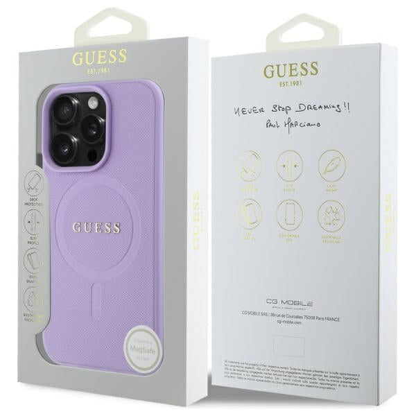 Guess Saffiano MagSafe dėklas iPhone 16 Pro Max – violetinis