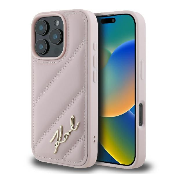 Karl Lagerfeld dygsniuotas dėklas iPhone 16 Pro – rožinis