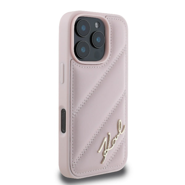Karl Lagerfeld dygsniuotas dėklas iPhone 16 Pro – rožinis