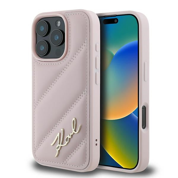 Karl Lagerfeld dygsniuotas dėklas iPhone 16 Pro Max – rožinis