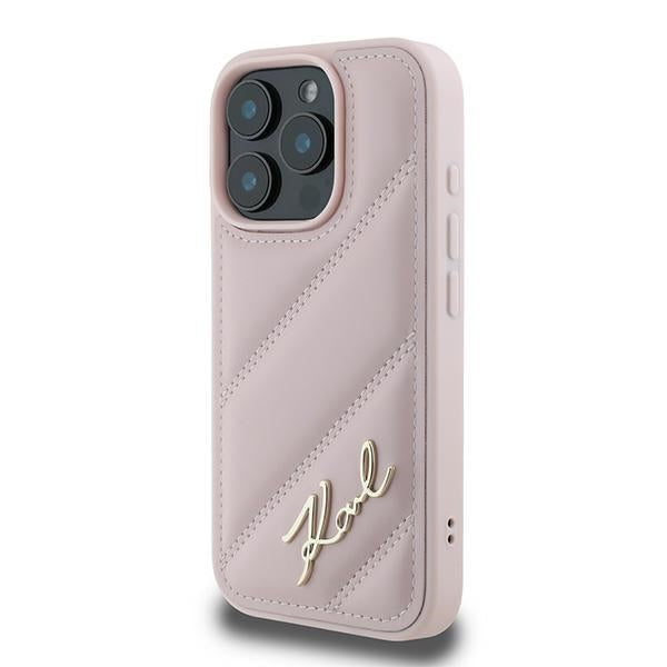 Karl Lagerfeld dygsniuotas dėklas iPhone 16 Pro Max – rožinis