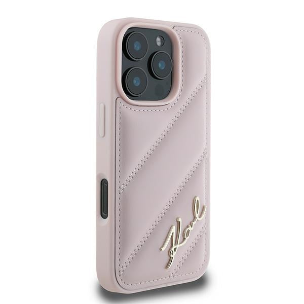Karl Lagerfeld dygsniuotas dėklas iPhone 16 Pro Max – rožinis