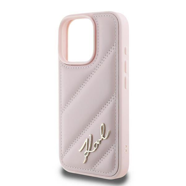 Karl Lagerfeld dygsniuotas dėklas iPhone 16 Pro Max – rožinis