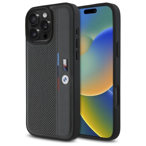 BMW M Perforated Tricolor Detail Line dėklas iPhone 16 Pro – antracitas