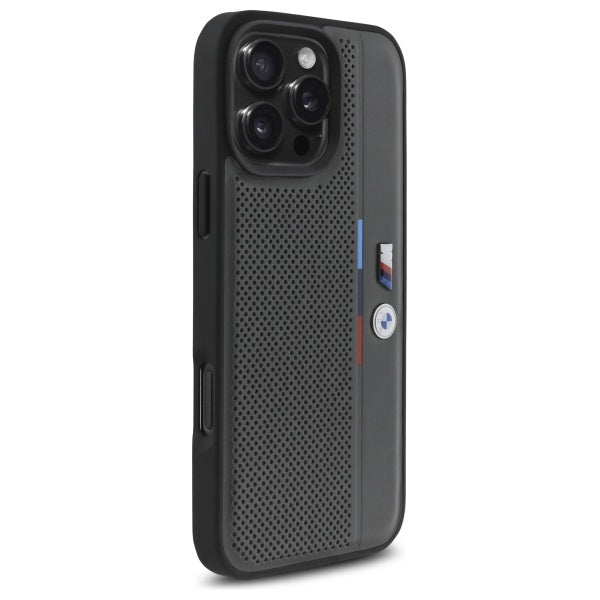BMW M Perforated Tricolor Detail Line dėklas iPhone 16 Pro – antracitas