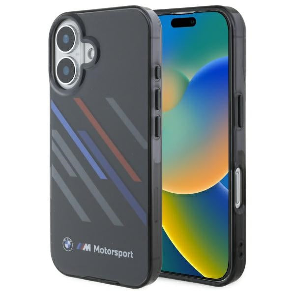 BMW Motorsport IML Random Stripes dėklas iPhone 16 Plus – juodas -- iPhone 16 Plus
