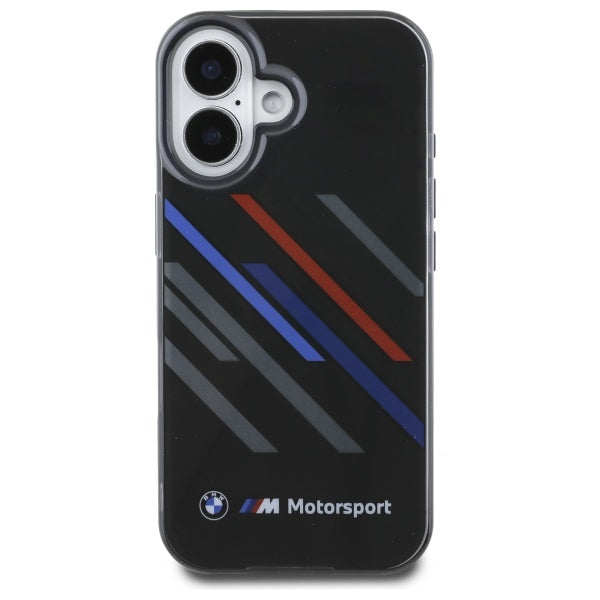 BMW Motorsport IML Random Stripes dėklas iPhone 16 Plus – juodas -- iPhone 16 Plus