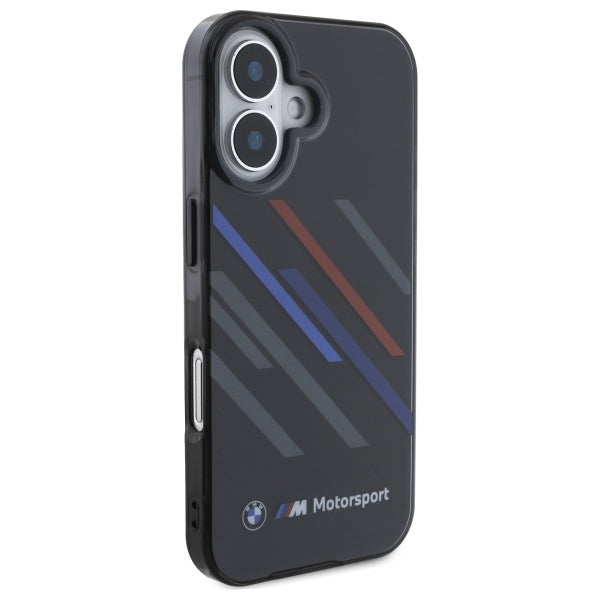 BMW Motorsport IML Random Stripes dėklas iPhone 16 Plus – juodas -- iPhone 16 Plus