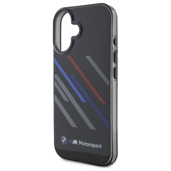 BMW Motorsport IML Random Stripes dėklas iPhone 16 Plus – juodas -- iPhone 16 Plus