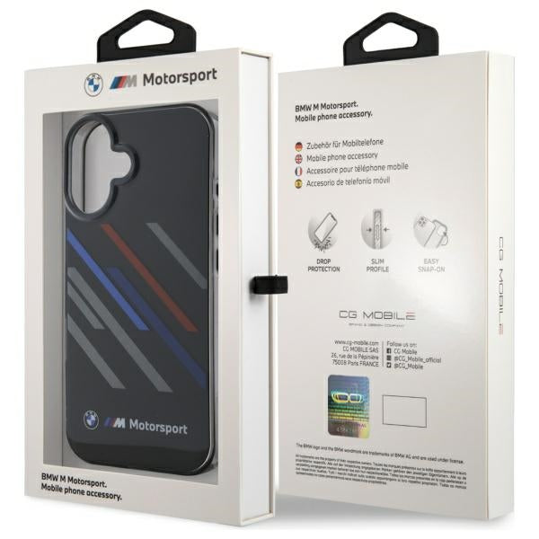 BMW Motorsport IML Random Stripes dėklas iPhone 16 Plus – juodas -- iPhone 16 Plus