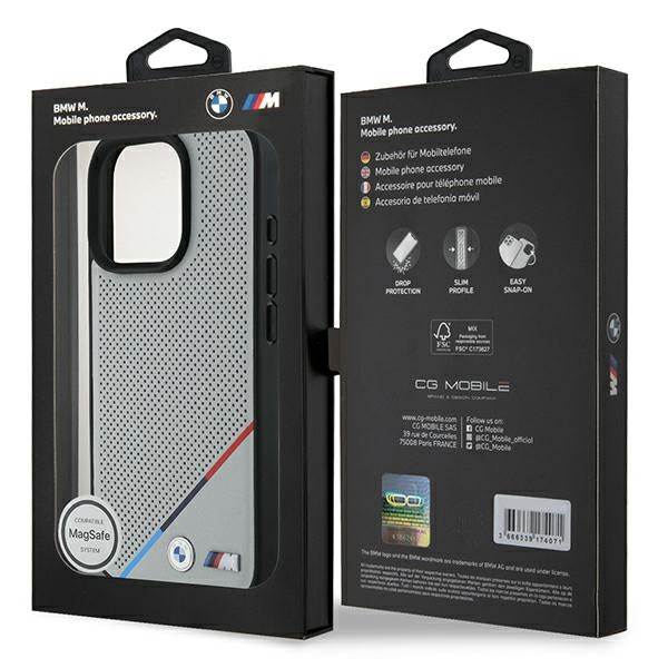 BMW M perforuotas MagSafe dėklas iPhone 16 Pro – pilkas