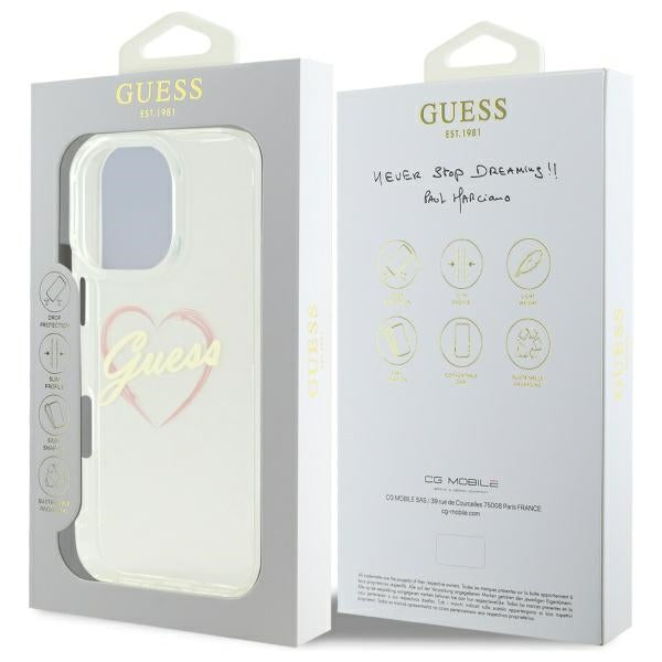 Guess IML Heart dėklas iPhone 16 Pro – skaidrus