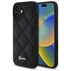 Guess Quilted Metal Logo dėklas iPhone 16 – juodas
