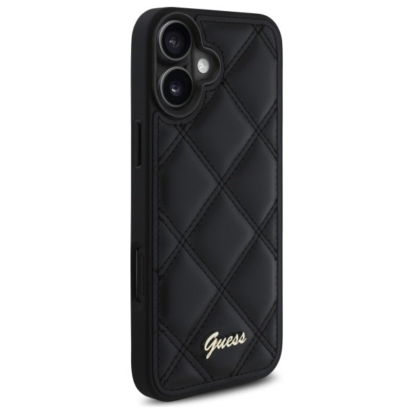 Guess Quilted Metal Logo dėklas iPhone 16 – juodas