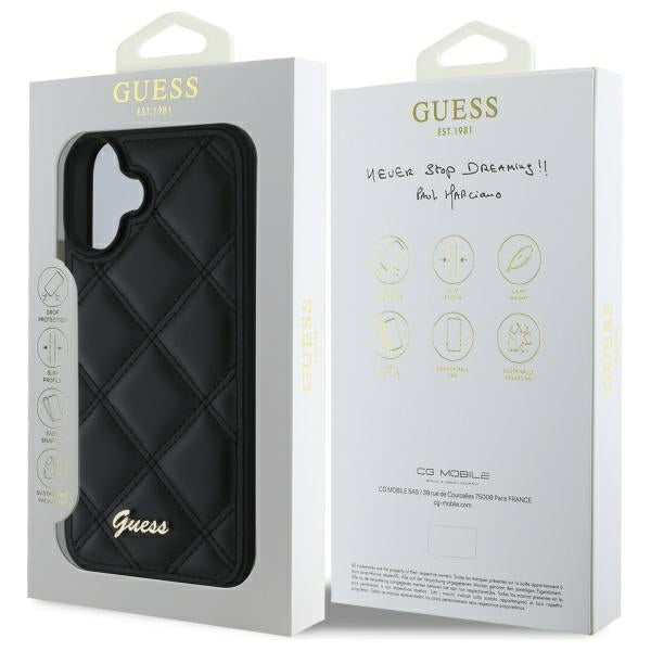 Guess Quilted Metal Logo dėklas iPhone 16 – juodas