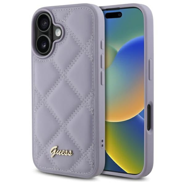 Guess Quilted Metal Logo dėklas iPhone 16 – šviesiai violetinis