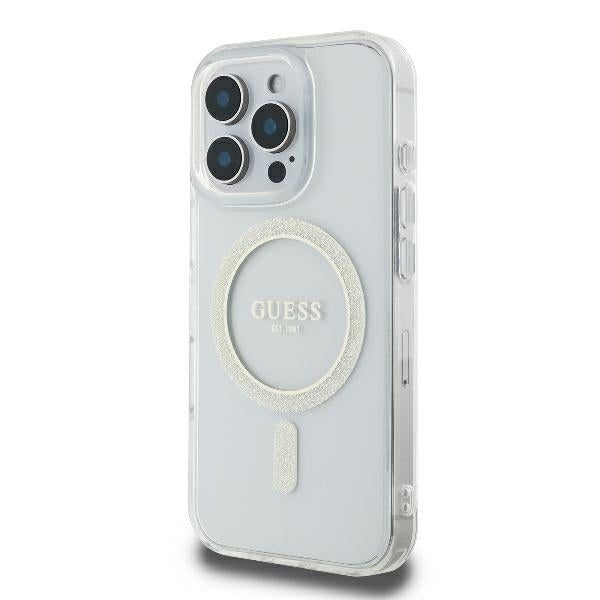 Guess GUHMP16LHFGERET iPhone 16 Pro 6.3" skaidrus kietas dėklas IML Blizgučių ratas MagSafe