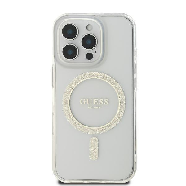 Guess GUHMP16LHFGERET iPhone 16 Pro 6.3" skaidrus kietas dėklas IML Blizgučių ratas MagSafe
