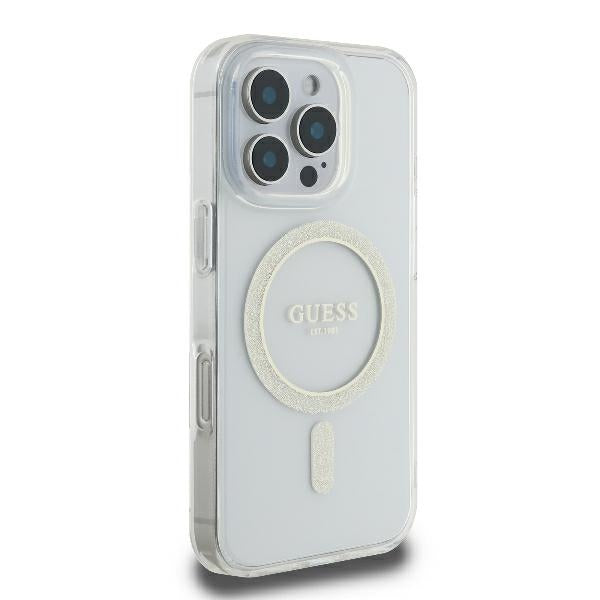 Guess GUHMP16LHFGERET iPhone 16 Pro 6.3" skaidrus kietas dėklas IML Blizgučių ratas MagSafe