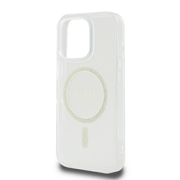 Guess GUHMP16LHFGERET iPhone 16 Pro 6.3" skaidrus kietas dėklas IML Blizgučių ratas MagSafe