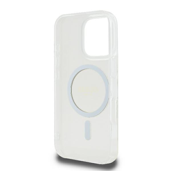 Guess GUHMP16LHFGERET iPhone 16 Pro 6.3" skaidrus kietas dėklas IML Blizgučių ratas MagSafe