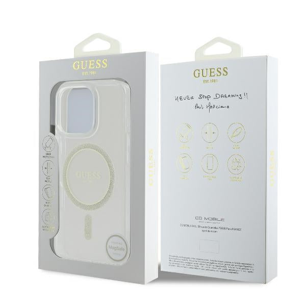 Guess GUHMP16LHFGERET iPhone 16 Pro 6.3" skaidrus kietas dėklas IML Blizgučių ratas MagSafe